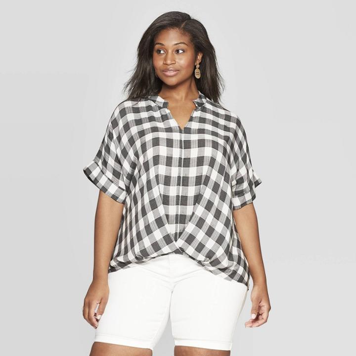 Women's Plus Size Plaid Short Sleeve V-neck Wrap Front Top - Universal Thread Black