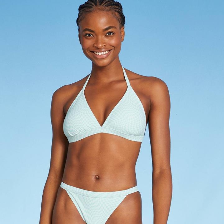 Juniors' Triangle Bikini Top - Xhilaration Mint Green Check D/dd Cup