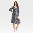 Long Sleeve Smocked Shoulder Knit Maternity Dress - Isabel Maternity By Ingrid & Isabel Navy Blue Floral