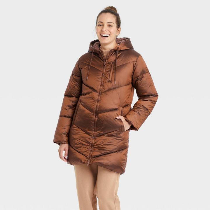 Women's Mid Length Shine Puffer Jacket - A New Day Rust