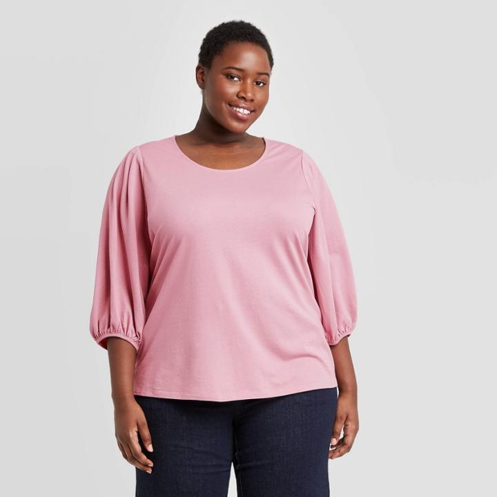 Women's Plus Size 3/4 Puff Sleeve Blouse - Ava & Viv Rose X, Pink