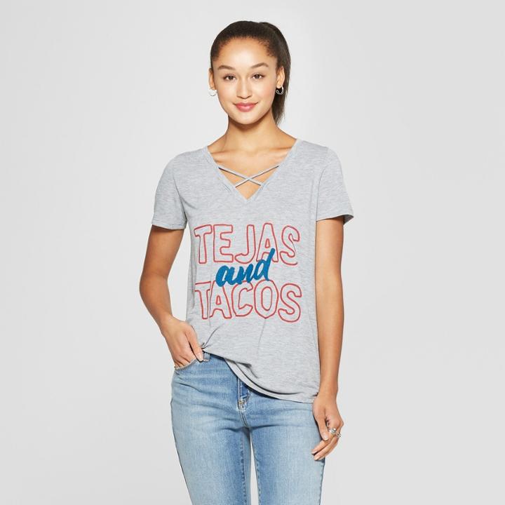 Petitewomen's Short Sleeve Tejas And Tacos Graphic T-shirt - Awake Heather Gray