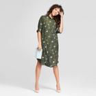 Women's Printed Button-up Shirt Dress - K By Kersh Olive (green)