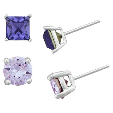 Target Women's Sterling Silver Square Tanzanite Crystal Stud And Round Lavender Crystal Stud