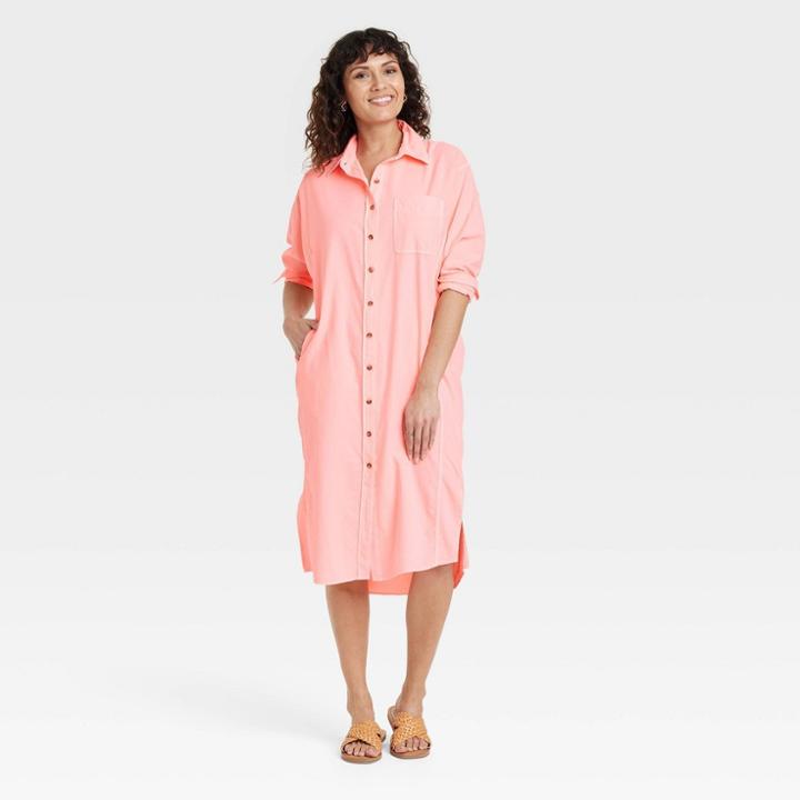 Women's Long Sleeve Button-down Shirtdress - Universal Thread Pink