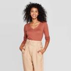 Women's Regular Fit Long Sleeve V-neck T-shirt - A New Day Brown