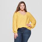 Women's Plus Size Floral Print Long Sleeve Henley Blouse - Universal Thread Yellow