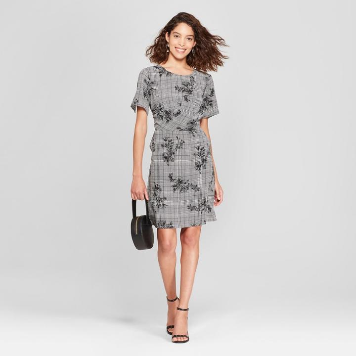 Women's Plaid Short Sleeve Twist Front Crepe Dress - A New Day Black/white