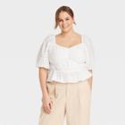 Women's Plus Size Puff Elbow Sleeve Eyelet Shirt - A New Day White