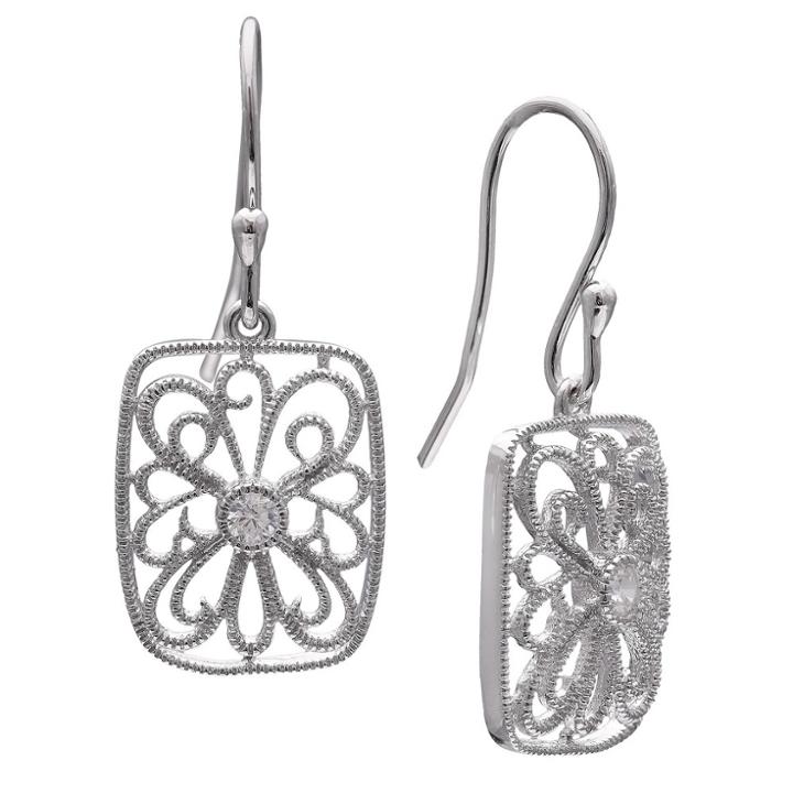Distributed By Target Women's Filgree Rectangle Drop Earrings With Bezeled Cubic Zirconia In Sterling Silver - Clear/gray