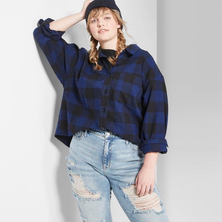 Women's Plus Size Long Sleeve Cropped Plaid Button-down - Wild Fable Navy