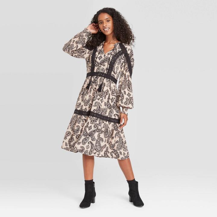 Women's Bishop Long Sleeve Trim Detail Dress - Knox Rose Black/white