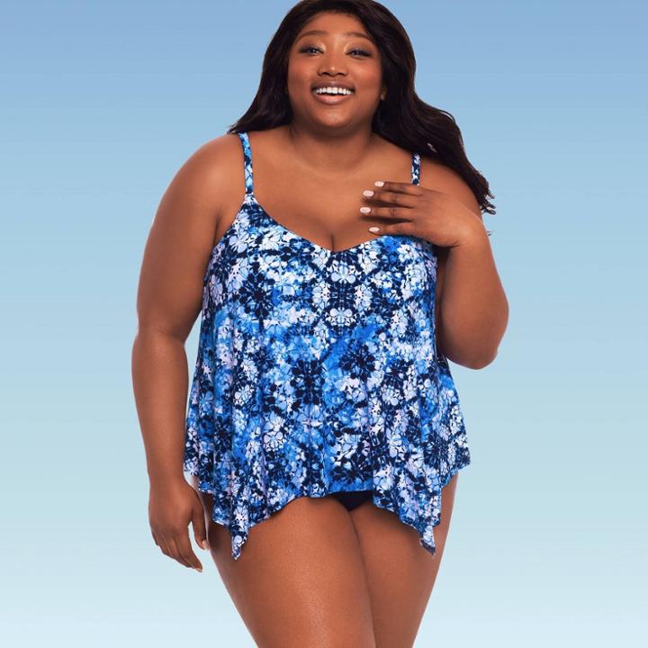 Women's Plus Slimming Control Sharkbite Tankini Top - Dreamsuit By Miracle Brands Blue
