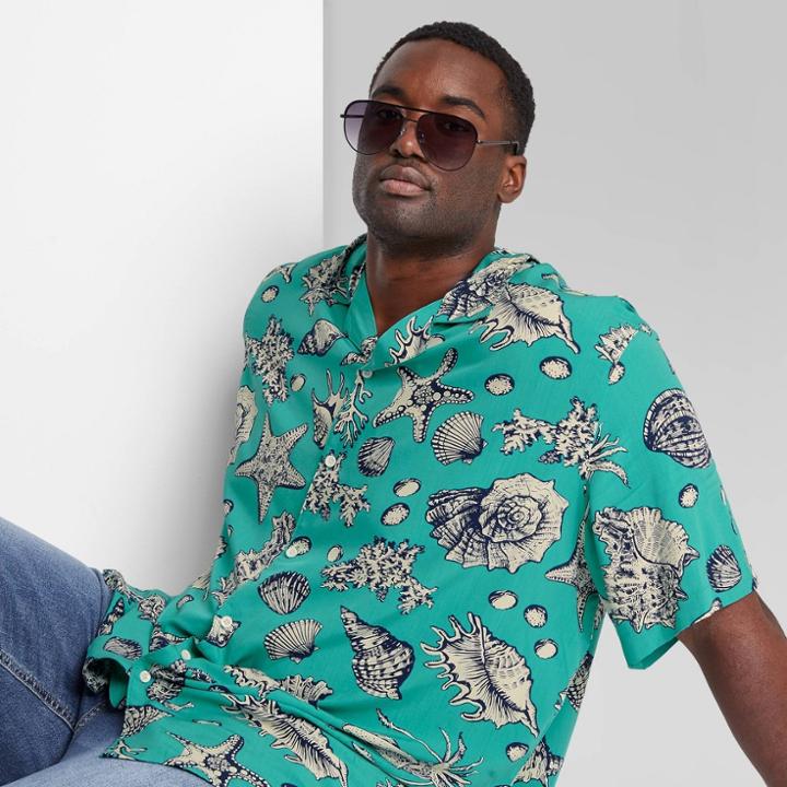 Men's Big & Tall Printed Standard Fit Short Sleeve Button-down Shirt - Original Use Light Teal Green/seashell