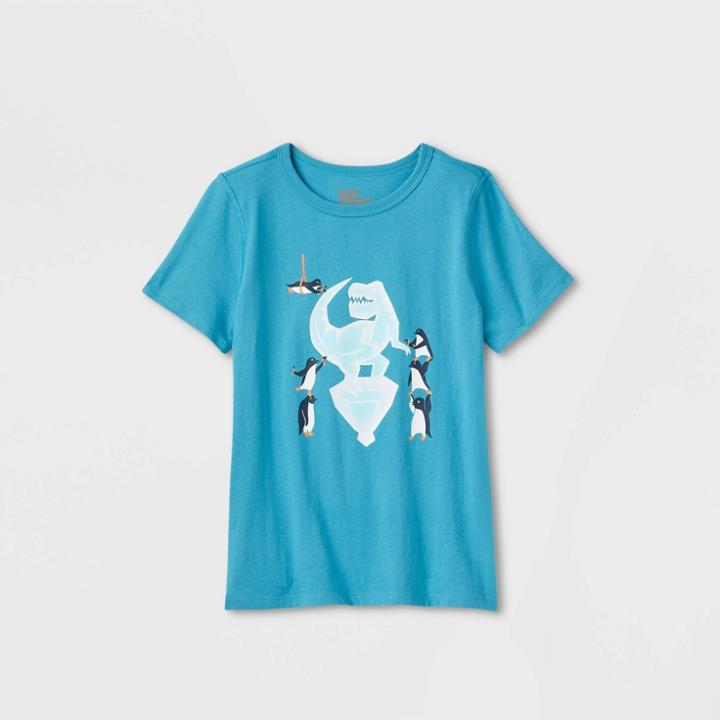 Kids' Adaptive Short Sleeve 'penguin T-rex' Graphic T-shirt - Cat & Jack Aqua Blue