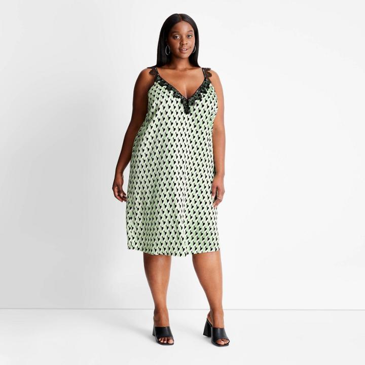 Women's Plus Size Lace Trim Slip Dress - Future Collective With Kahlana Barfield Brown Green Geometric
