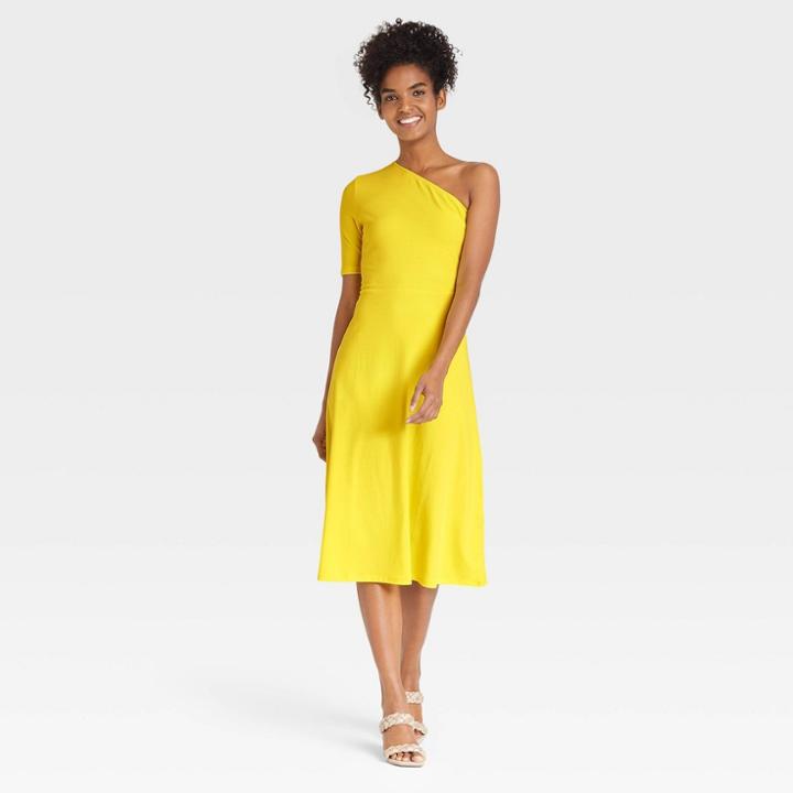 Women's Elbow Sleeve One Shoulder Knit Dress - Who What Wear Light Yellow