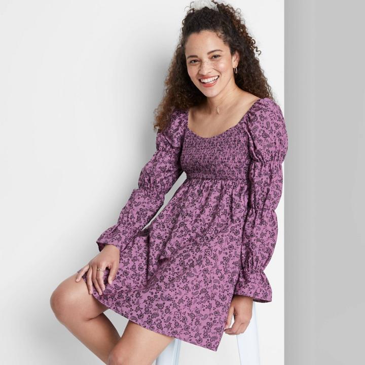 Women's Long Sleeve Smocked Muse Dress - Wild Fable Purple Paisley