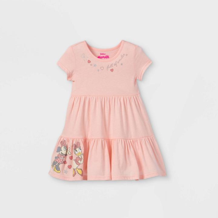 Disney Toddler Girls' Minnie Mouse Border Print Knit Short Sleeve Dress - Pink