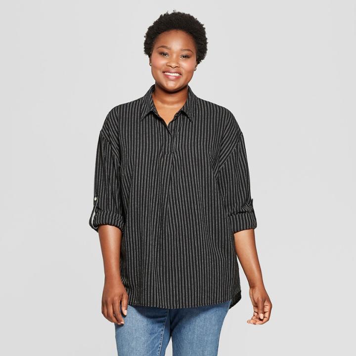 Women's Plus Size Striped Long Sleeve Popover Flannel Button-down Shirt - Universal Thread Black