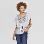 Women's Striped Short Flutter Sleeve Scoop Neck Top With Embroidery - Knox Rose Navy