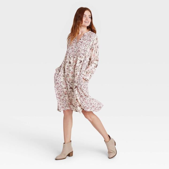 Women's Floral Print Long Sleeve Hem Dress - Knox Rose Cream