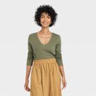 Women's Long Sleeve V-neck Ribbed T-shirt - A New Day Olive Green