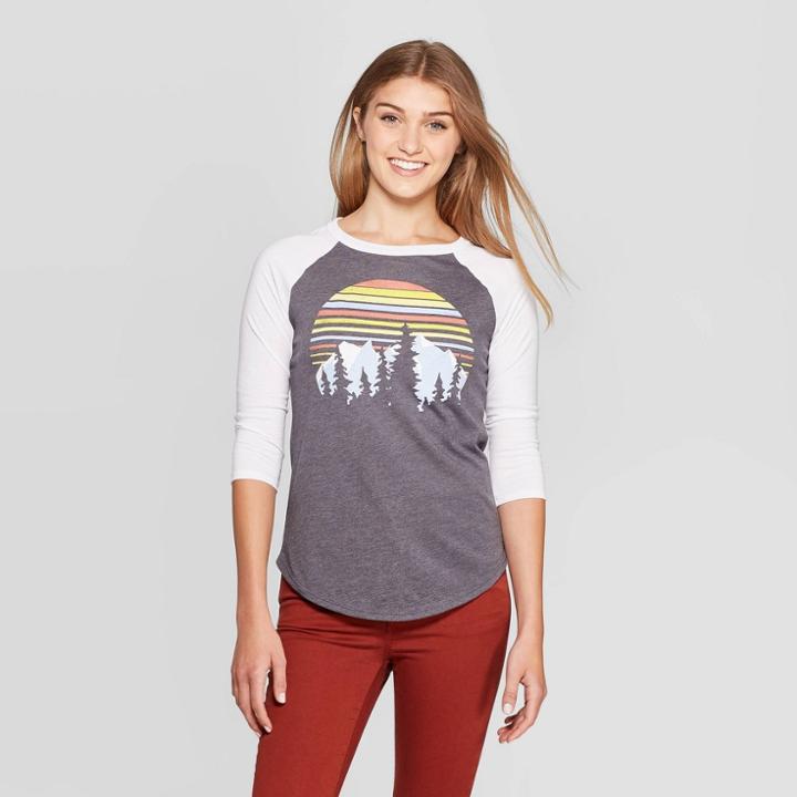 Women's 3/4 Sleeve Crewneck Mountain Graphic T-shirt - Modern Lux Gray M, Women's,