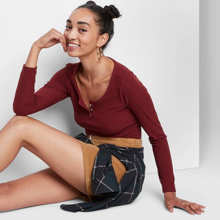 Women's Long Sleeve Cozy Henley T-shirt - Wild Fable Burgundy