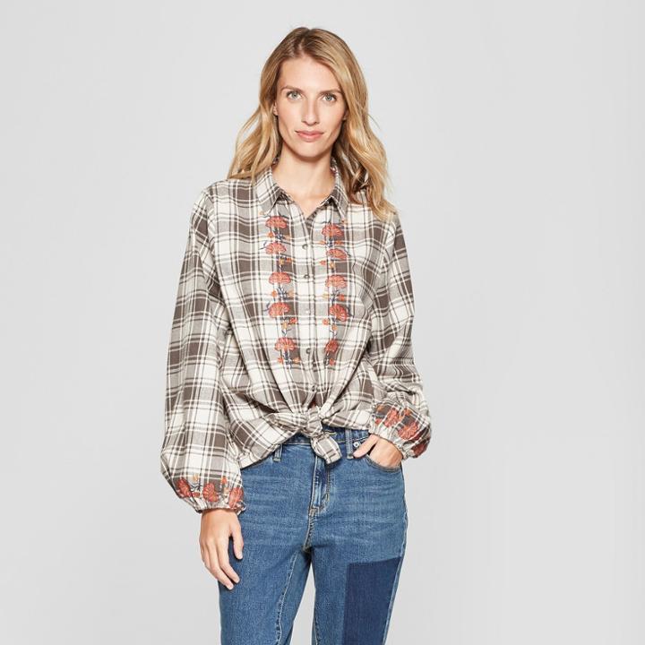 Women's Plaid Long Sleeve Tie Front Embroidered Flannel - Knox Rose Gray