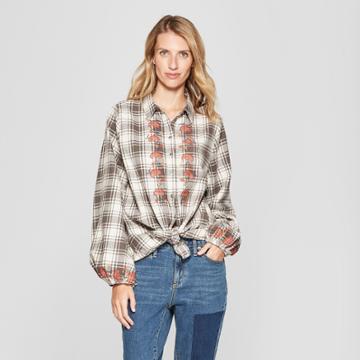 Women's Plaid Long Sleeve Tie Front Embroidered Flannel - Knox Rose Gray