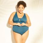 Women's Plus Size Textured Tie Front One Piece Swimsuit - Kona Sol Superior Blue