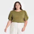 Women's Plus Size Slim Fit Puff Short Sleeve Round Neck T-shirt - A New Day Olive Green