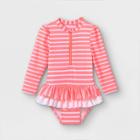 Toddler Girls' Striped Zip-front One Piece Rash Guard - Cat & Jack Coral