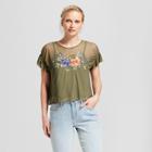 Women's Short Sleeve Embroidered Mesh Top - Xhilaration Olive (green)