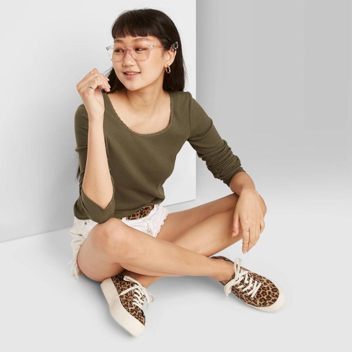 Women's Long Sleeve Round Neck Lace Trim T-shirt - Wild Fable Green Olive