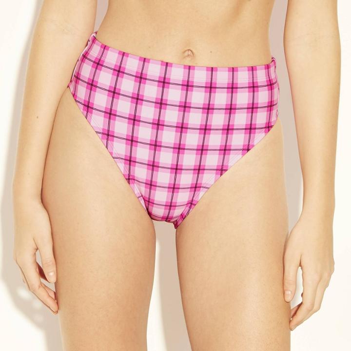 Women's High Leg High Waist Bikini Bottom - Xhilaration Pink Plaid