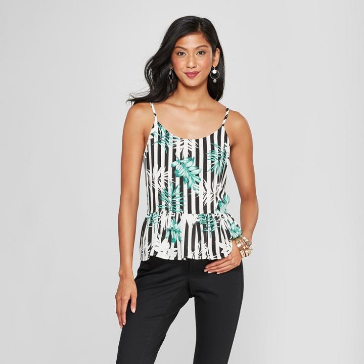 Women's Striped Tropical Print Tank Top - Le Kate (juniors') Black/white