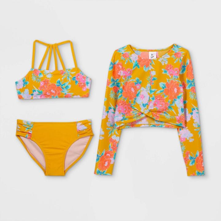 Girls' Floral Print 3pc Bikini Set - Art Class Gold