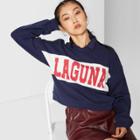 Women's Round Neck Cropped Laguna Graphic Varsity Sweatshirt - Wild Fable Navy S, Women's, Size: