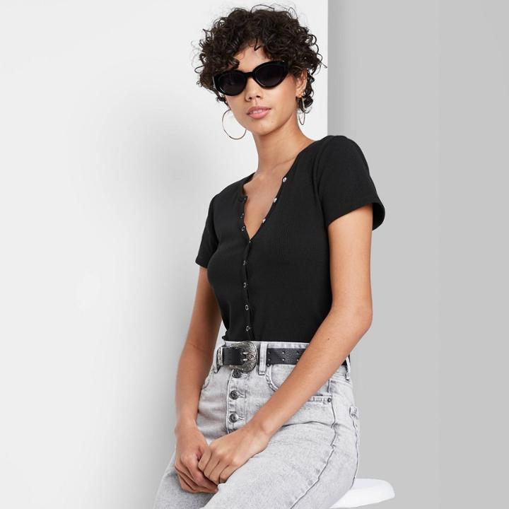 Women's Short Sleeve V-neck Snap Front Baby T-shirt - Wild Fable Black