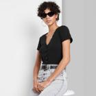 Women's Short Sleeve V-neck Snap Front Baby T-shirt - Wild Fable Black