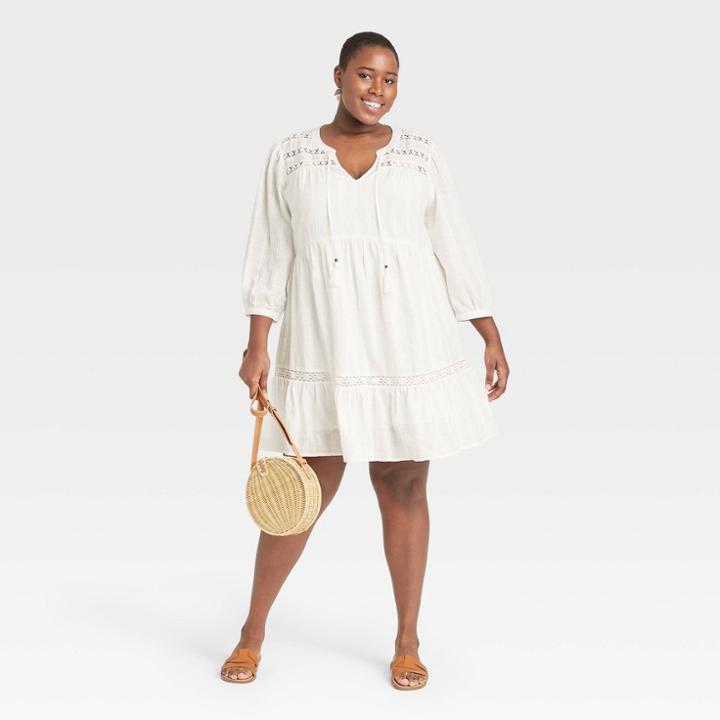 Women's Plus Size Long Sleeve Peasant Shift Dress - Knox Rose Ivory