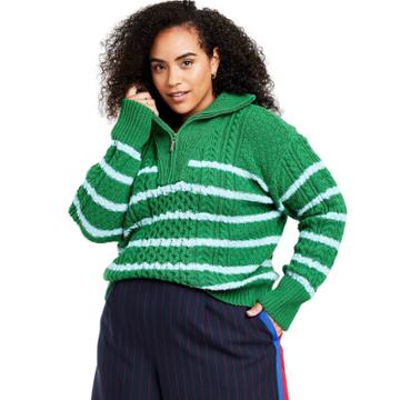 Women's Plus Size Quarter Zip Striped Cableknit Sweater - La Ligne X Target Green/light Blue
