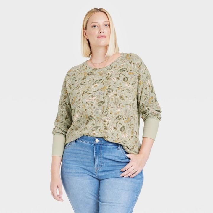 Women's Plus Size Long Sleeve Thermal Top - Knox Rose Light Green Floral