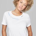 Women's Short Sleeve Embroidered Collar Distressed T-shirt - Wild Fable White