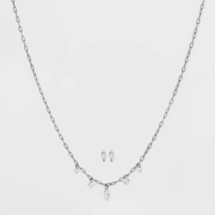Silver Plated Cubic Zirconia Multi Shape Dangle Station Necklace And Earring Set - A New Day