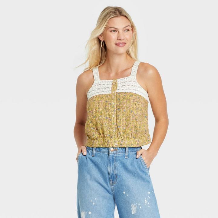 Women's Button-front Cropped Tank Top - Universal Thread Yellow Floral