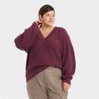 Women's Plus Size V-neck Pullover Sweater - A New Day Burgundy