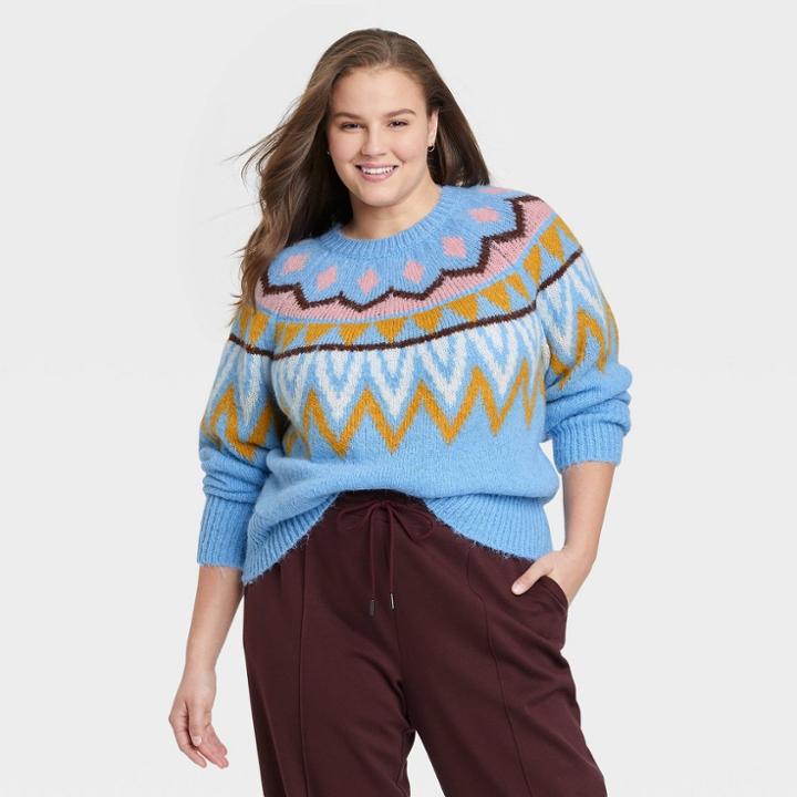 Women's Plus Size Crewneck Sweater - A New Day Blue Fair Isle